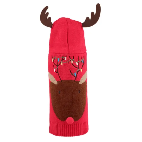 A red knitted dog sweater designed to resemble a reindeer, featuring antlers, a brown face, and a red nose.