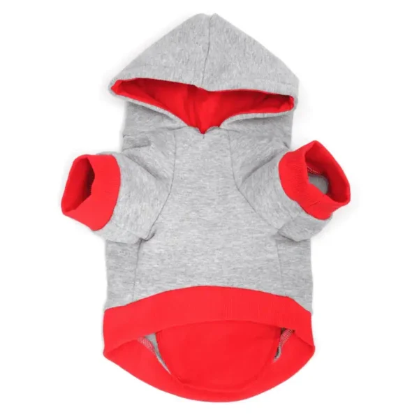 A gray and red hoodie for dogs, featuring a hood and short sleeves.