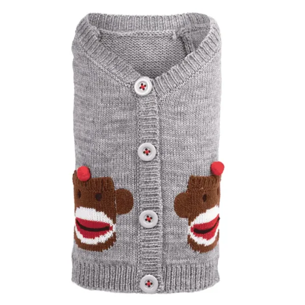 A gray cardigan sweater with buttons and playful sock monkey designs on the pockets.