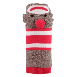 A decorative sock monkey dog hoodie, featuring a brown body, red and white stripes, a red pom-pom, and a textured top.