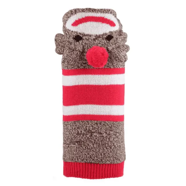 A decorative sock monkey dog hoodie, featuring a brown body, red and white stripes, a red pom-pom, and a textured top.