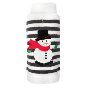 A striped dog sweater featuring a smiling snowman with a black hat and red scarf.
