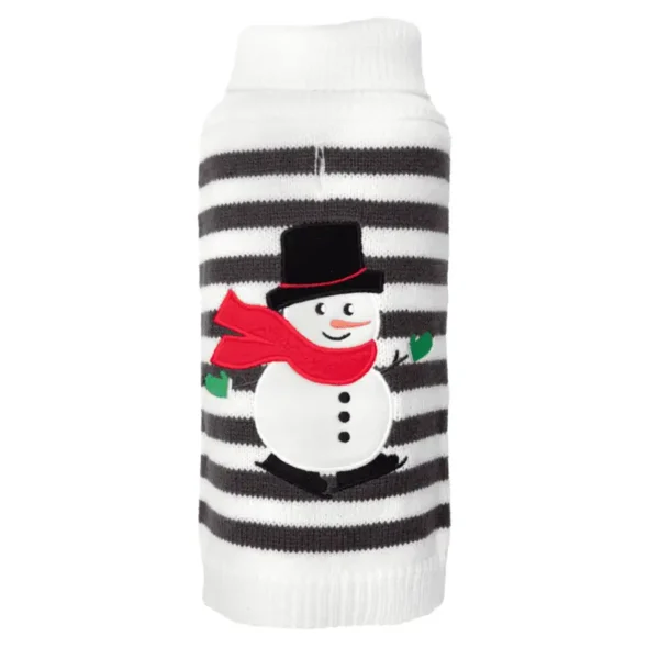 A striped dog sweater featuring a smiling snowman with a black hat and red scarf.