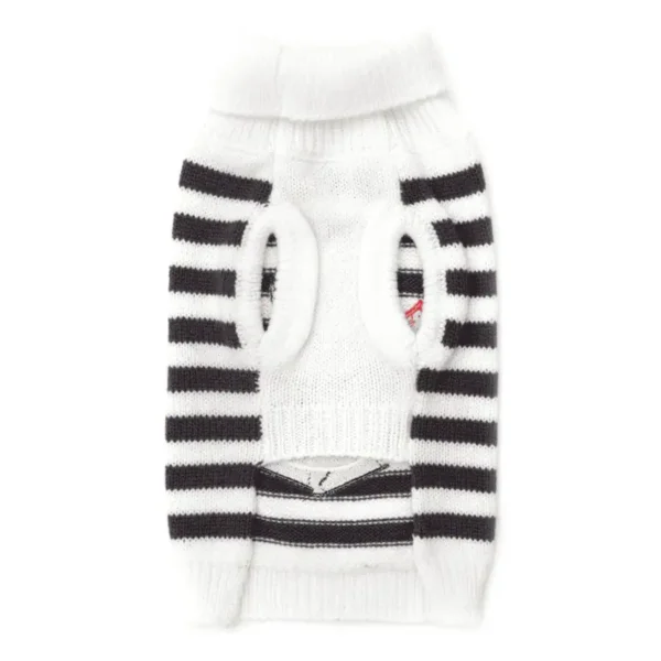 A white and black striped dog sweater with armholes.