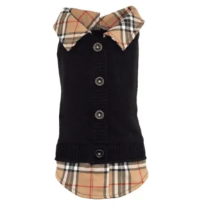A black dog sweater with a tan plaid collar and button closure.