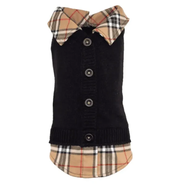 A black dog sweater with a tan plaid collar and button closure.