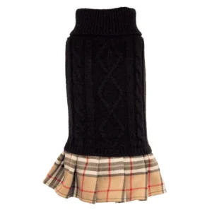 A black knitted sweater dog dress with a plaid pleated skirt.