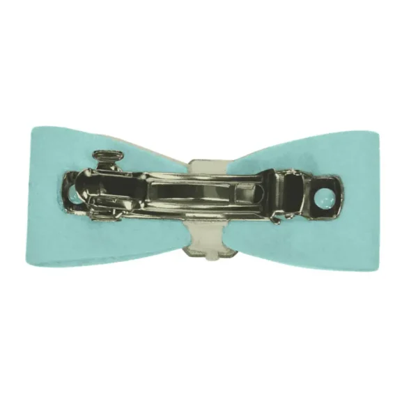 A light blue hair bow clip with a metal fastening mechanism.