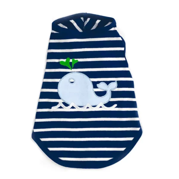 A blue and white striped dog tank with a whale design and a green splash detail.