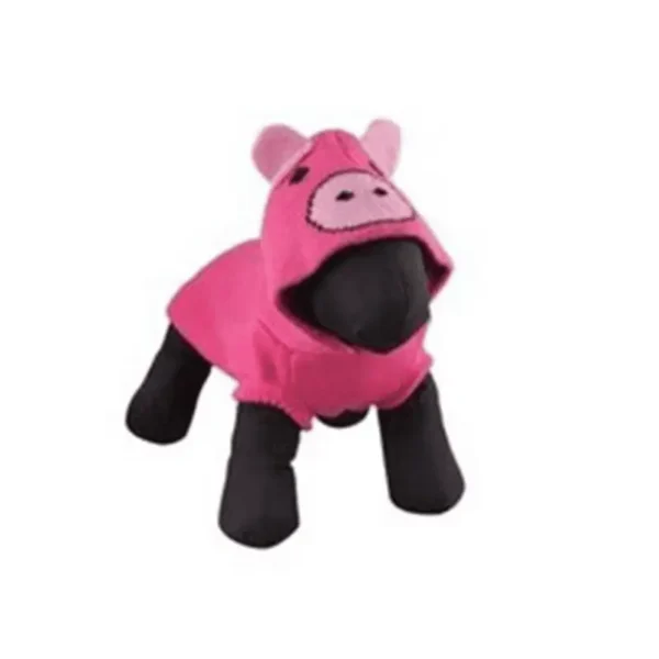 A plush dog mannequin wearing a pink pig hoodie.