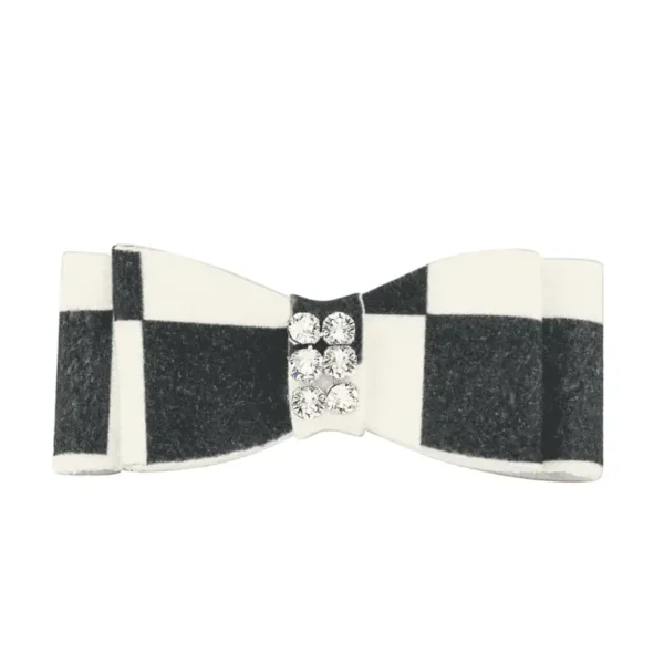 A black and white checkered dog hair bow with five small round rhinestones in the center.