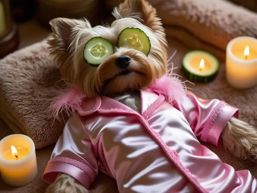 A yorkie lying on its back with pink satin pj's with pink feather trimming and cucumbers over its eyes with candles in a spa like background