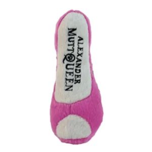 Plush pink stiletto dog toy with embroidered “Alexander Muttqueen” text