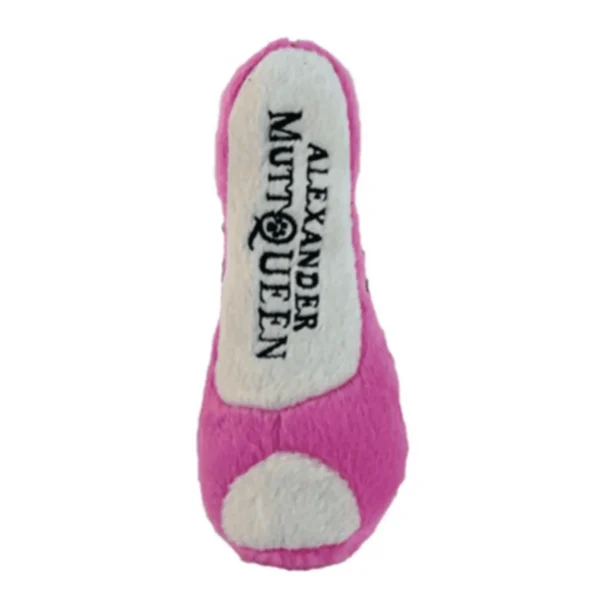 Plush pink stiletto dog toy with embroidered “Alexander Muttqueen” text