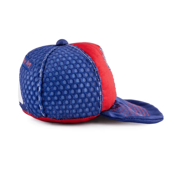 All American Dog Club Trucker Hat Dog Toy – side view of plush trucker hat squeaky toy