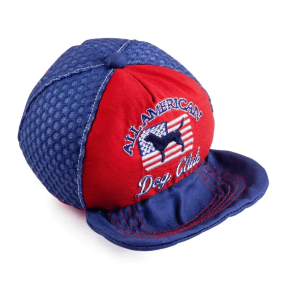 All American Dog Club Trucker Hat Dog Toy – alternate slanted view of plush trucker hat squeaky toy