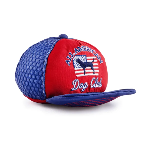 All American Dog Club Trucker Hat Dog Toy – slanted view with visor up of plush trucker hat