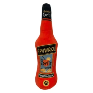 Red plush cocktail bottle dog toy with black cap and Apawrol label with oranges and glass design
