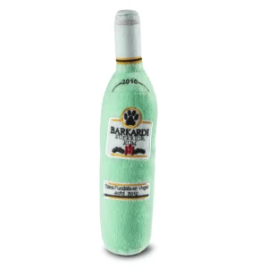 Green plush rum bottle dog toy with white cap and Barkardi Superior Rum embroidery