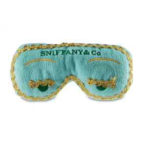 Plush Tiffany blue Barkfest at Sniffany’s eye mask dog toy with gold trim, embroidered eyebrow and lash design, dark teal “SNIFFANY & Co.” wording, and sleepy eyes detail. Soft squeaky toy perfect for stylish pups.