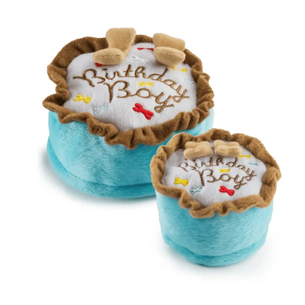 Birthday Boy Cake Dog Toy – plush cake toys in small and large sizes topped with faux frosting, colorful details, and built-in squeakers for dogs