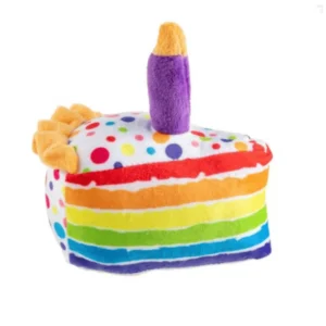 Birthday Cake Slice Dog Toy – plush white polka dot cake slice with rainbow icing and purple candle squeaky toy for dogscake with rainbow icing and purple candle squeaky toy for dog