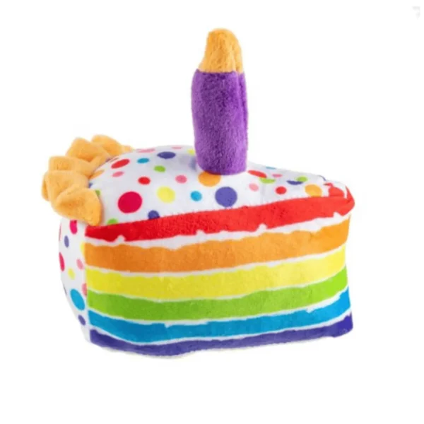 Birthday Cake Slice Dog Toy – plush white polka dot cake slice with rainbow icing and purple candle squeaky toy for dogscake with rainbow icing and purple candle squeaky toy for dog
