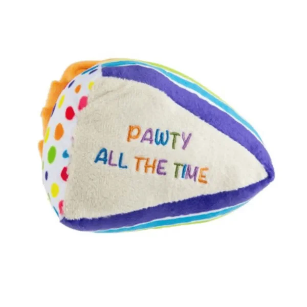 Birthday Cake Slice Dog Toy – bottom view of plush cake slice showing rainbow letters saying ‘Pawty All The Time