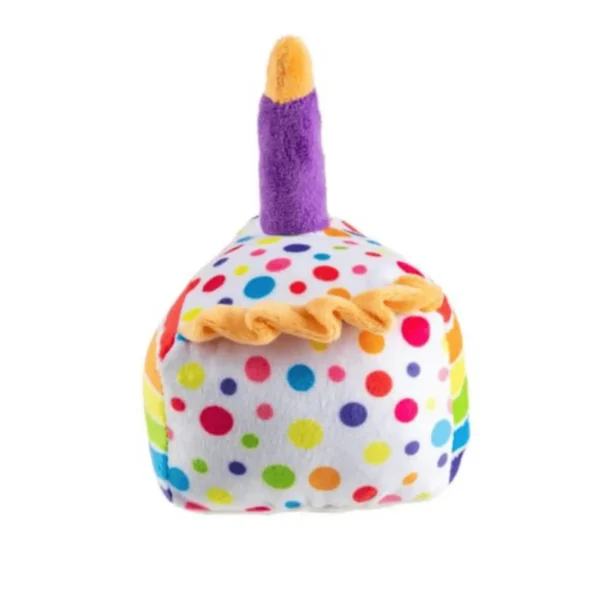 Birthday Cake Slice Dog Toy – back view of plush cake slice showing white polka dots, orange trim, and purple candle