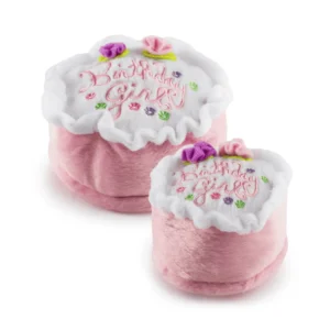Birthday Girl Cake Dog Toy – plush cake toys in small and large sizes topped with faux frosting, colorful details, and built-in squeakers for dogs