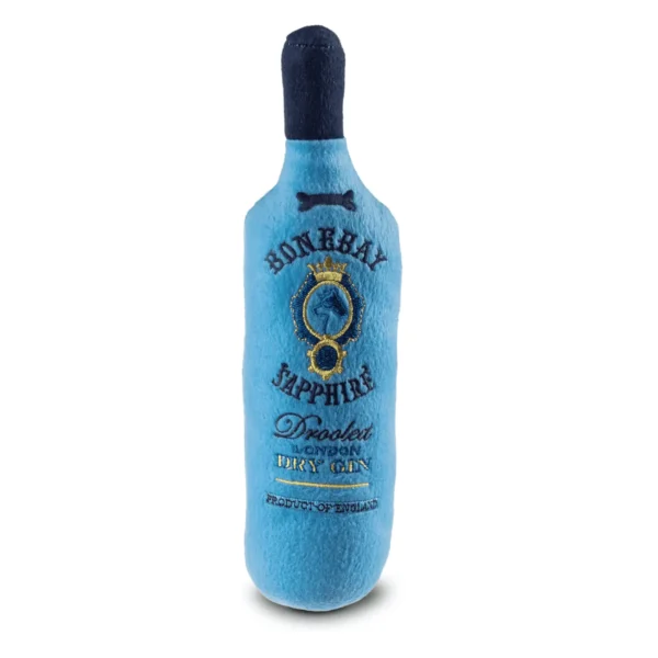 Blue plush gin bottle dog toy with navy cap and embroidered Bonebay Sapphire Gin text
