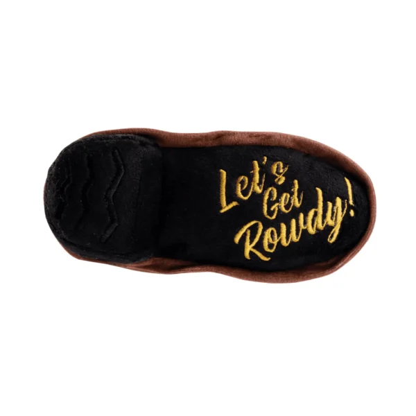 Brown Cowboy Boot Dog Toy – bottom view of plush cowboy boot squeaky toy
