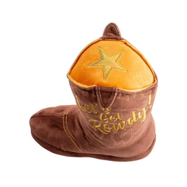 Brown Cowboy Boot Dog Toy – slanted view of plush cowboy boot squeaky toy
