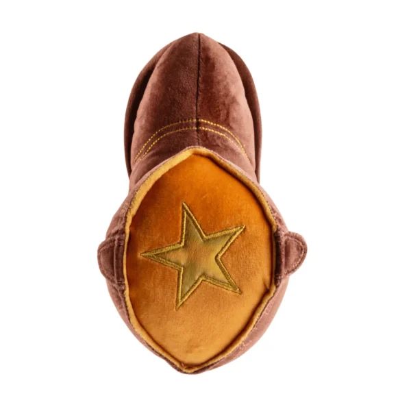 Brown Cowboy Boot Dog Toy – top view of plush cowboy boot squeaky toy