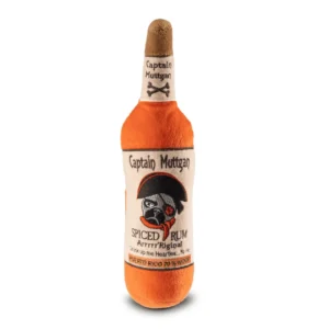 Orange plush rum bottle dog toy with pirate pug and Captain Muttgan Spiced Rum text