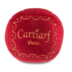 Plush red Cartiarf Gift Box dog toy with gold designs and “Cartiarf Paris” text.