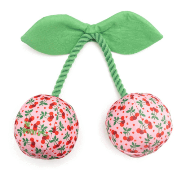 Back side of Plush pink cherries dog toy. Perfect for dogs who love to tug, toss, and chew.