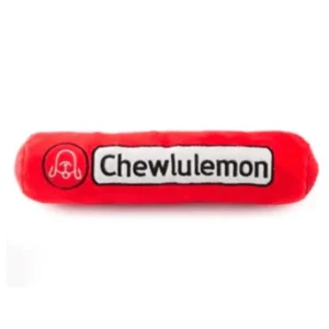 Chewlulemon Yoga Mat Dog Toy – plush red yoga mat squeaky toy for dogs with black and white Chewlulemon label