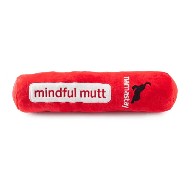 Chewlulemon Yoga Mat Dog Toy – back view of plush red yoga mat with black ‘Namaste’ text and white label saying ‘Mindful Mutt’