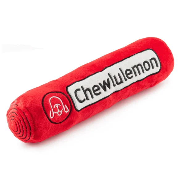Chewlulemon Yoga Mat Dog Toy – side angle view of plush red yoga mat with black and white Chewlulemon label