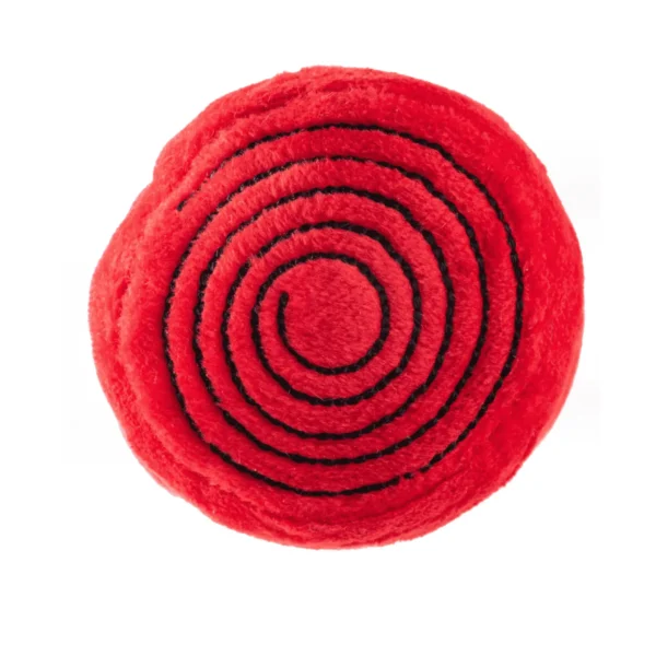 Chewlulemon Yoga Mat Dog Toy – side view of plush red yoga mat with black swirl details and appearing rolled up