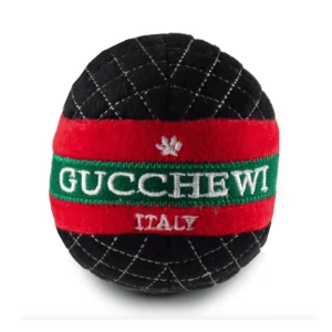 Black plush ball dog toy with red and green stripes and white Gucchewi Italy text