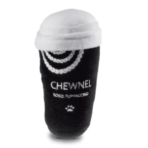 Black plush coffee cup dog toy with white lid, pearls, and Chewnel text