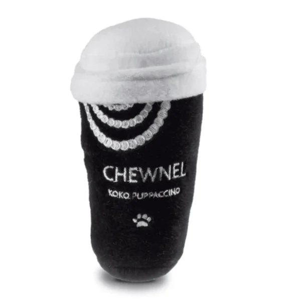 Black plush coffee cup dog toy with white lid, pearls, and Chewnel text