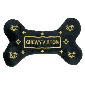 Black plush bone dog toy with gold CV logos, stars, and CHEWY VUITON text