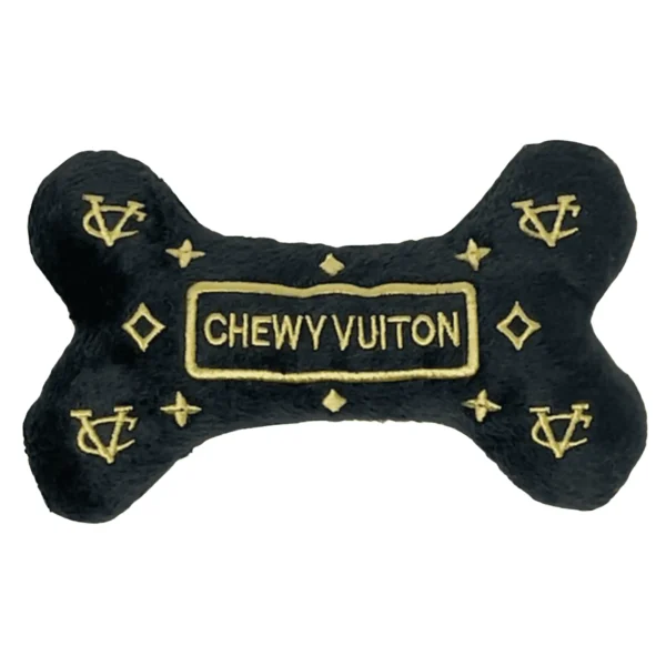 Black plush bone dog toy with gold CV logos, stars, and CHEWY VUITON text