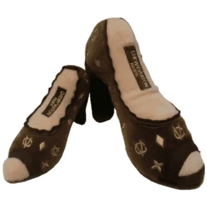 Chewy Vuiton Shoe Dog Toy – plush brown peep-toe stiletto with embroidered CV logos
