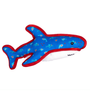Stuffed blue shark dog toy with a playful pattern, featuring red accents and a friendly face, ideal for playtime.