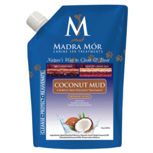 Coconut mud dog treatment to detoxify, deodorize, and nourish your dog’s coat and skin.