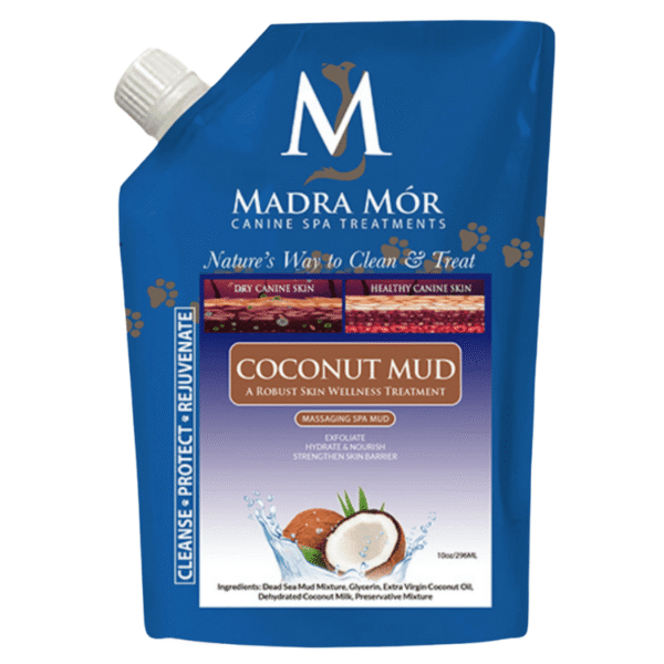 Coconut mud dog treatment to detoxify, deodorize, and nourish your dog’s coat and skin.
